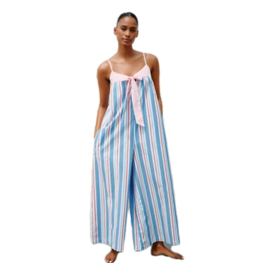 Anthropologie Celandine Pinstripe Bow Wide Leg Oversize Jumpsuit Size Small
